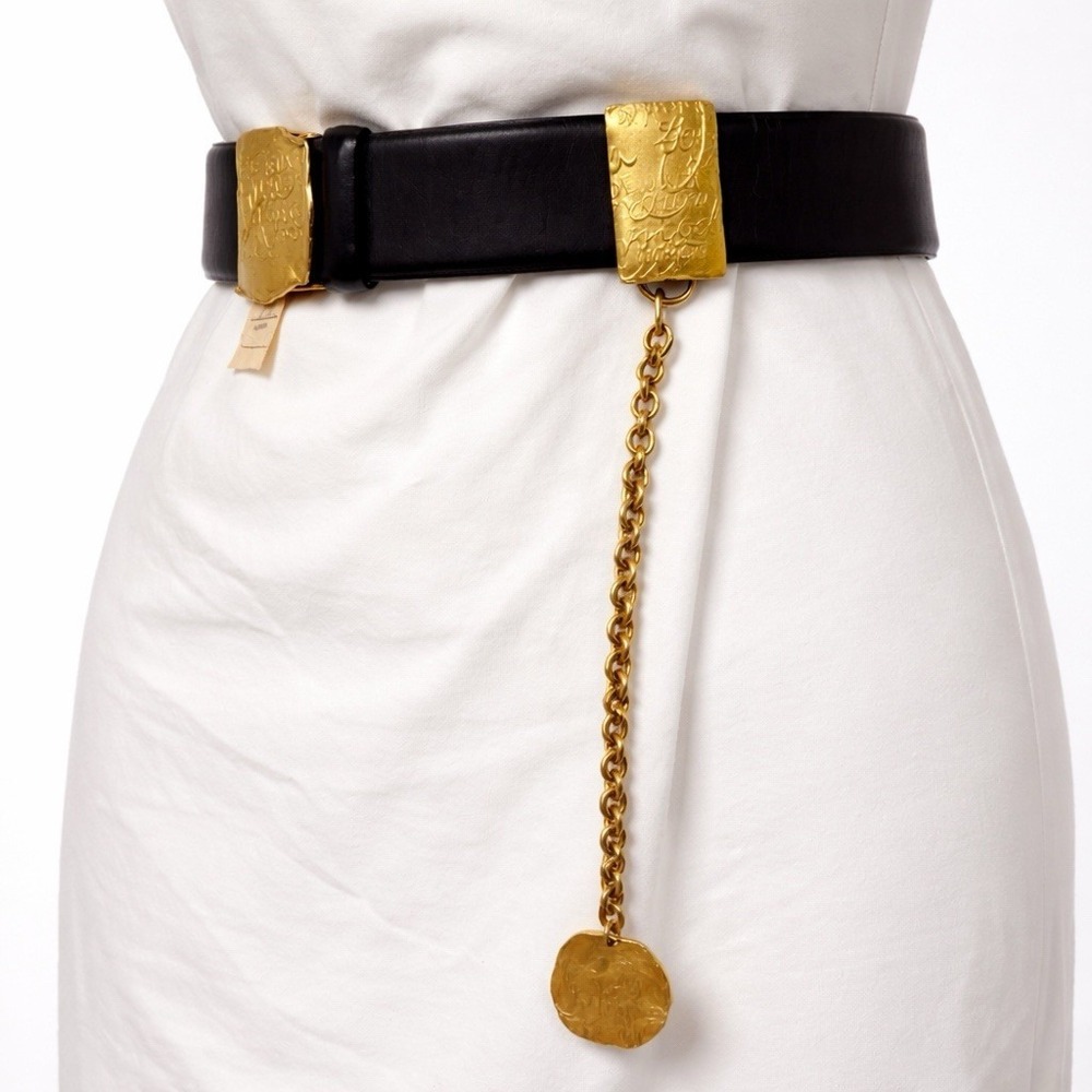 Donna Karan New York Belt Black Leather Brushed Gold Chain Robert Lee Morris